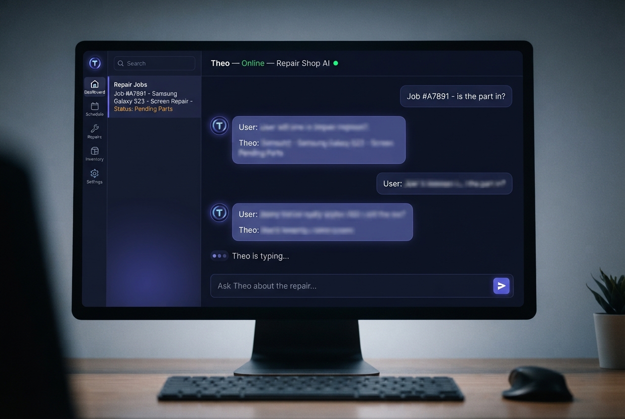 Desktop monitor showing a dark repair-shop AI chat interface for Job #A7891.