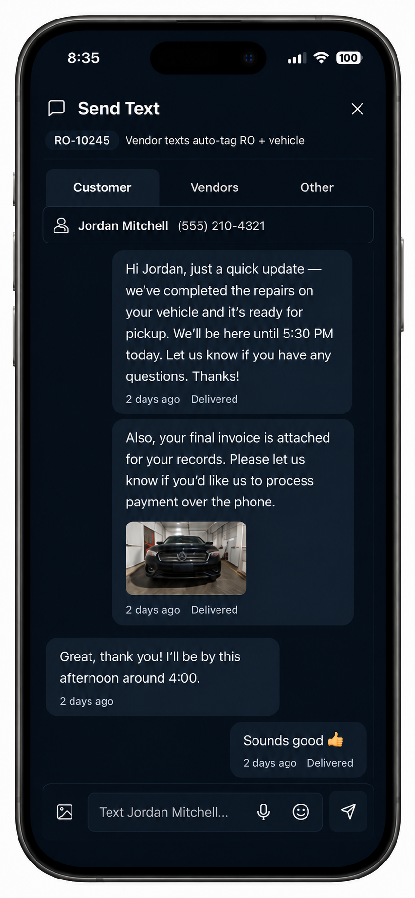 Dark messaging app showing a repair-update text conversation with Jordan Mitchell and a vehicle photo.