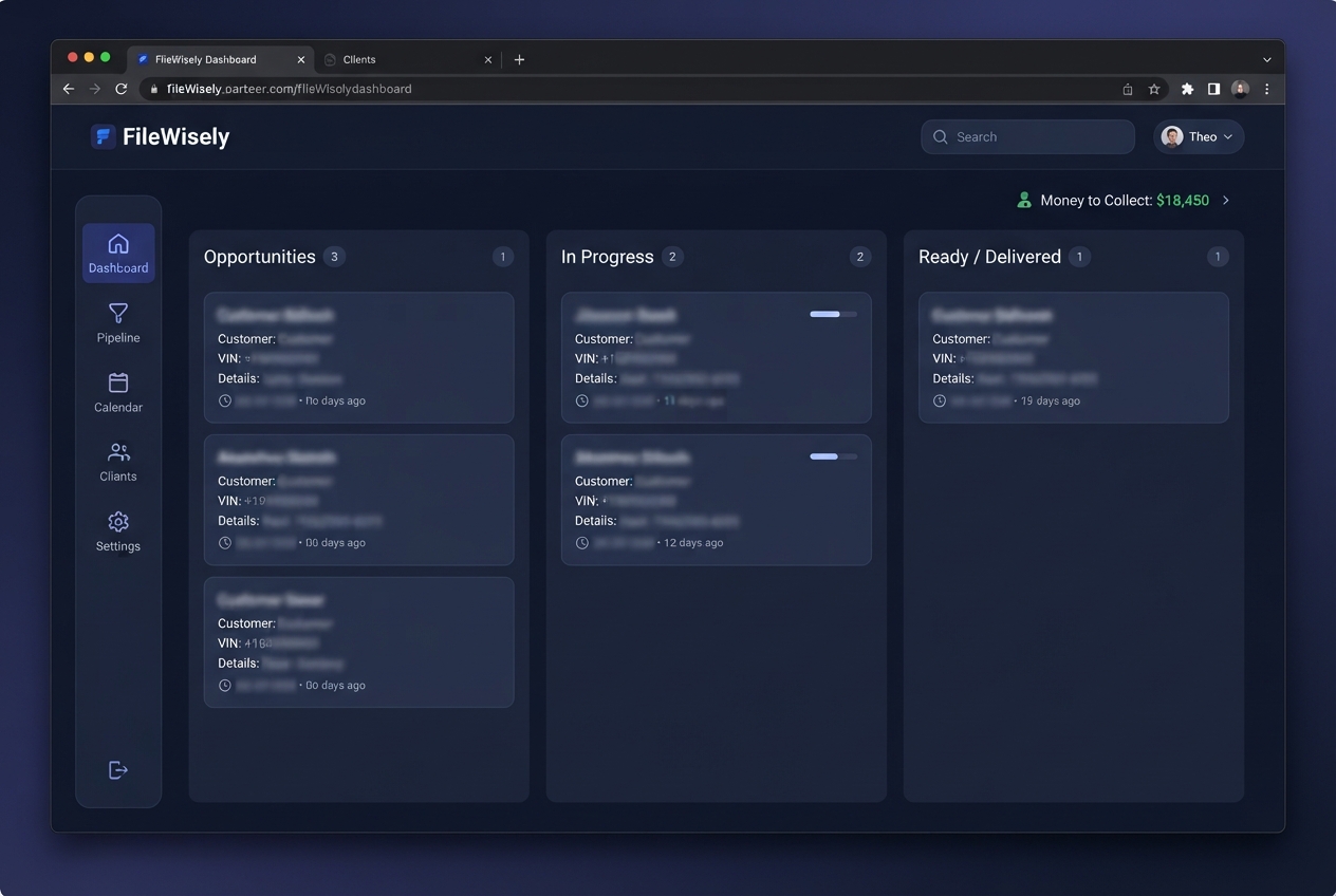 Dark FileWisely dashboard with sidebar navigation and three-column opportunity kanban board.