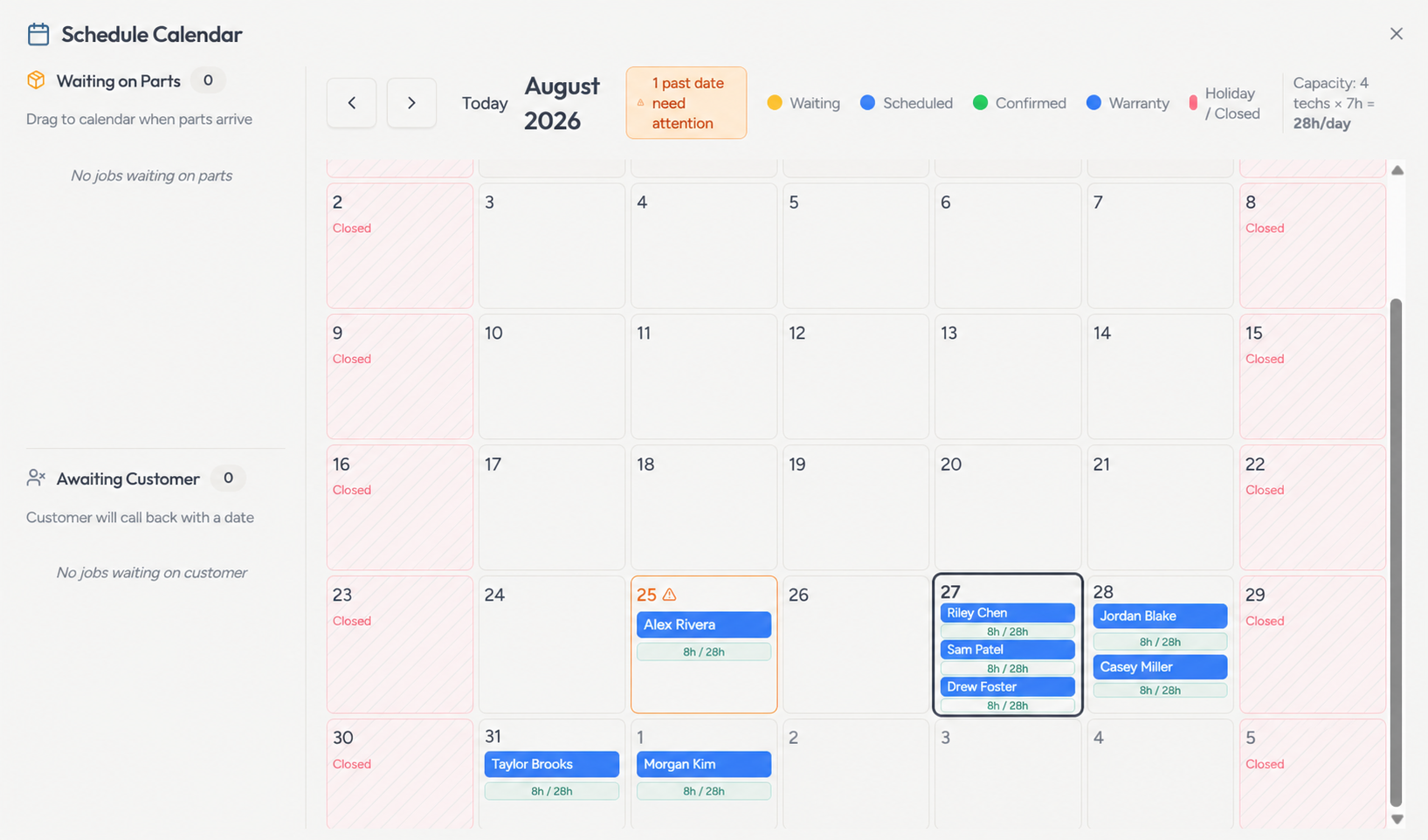 August 2026 scheduling calendar showing technician appointments, closed weekends, and capacity indicators.