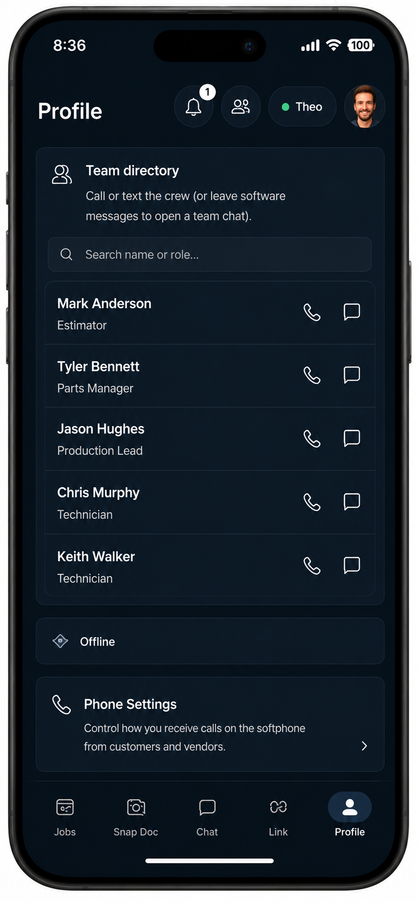 Dark mobile app Profile screen showing a team directory, contact list, phone settings, and bottom navigation.