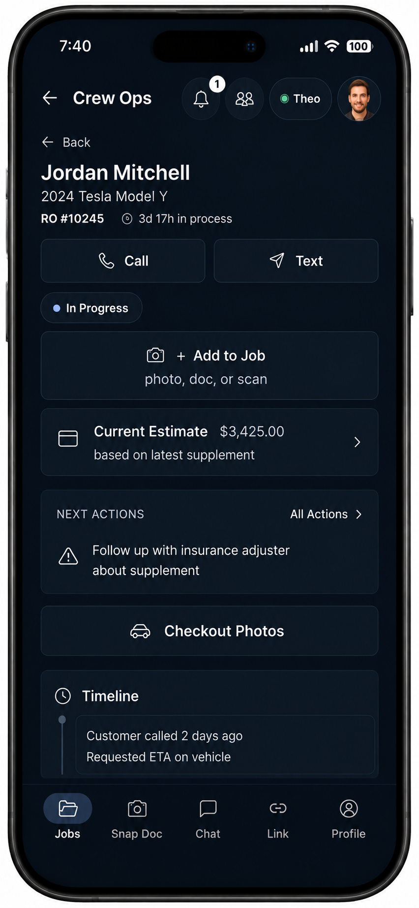 Dark Crew Ops mobile app screen showing Jordan Mitchell’s Tesla job details, estimate, actions, timeline, and navigation.
