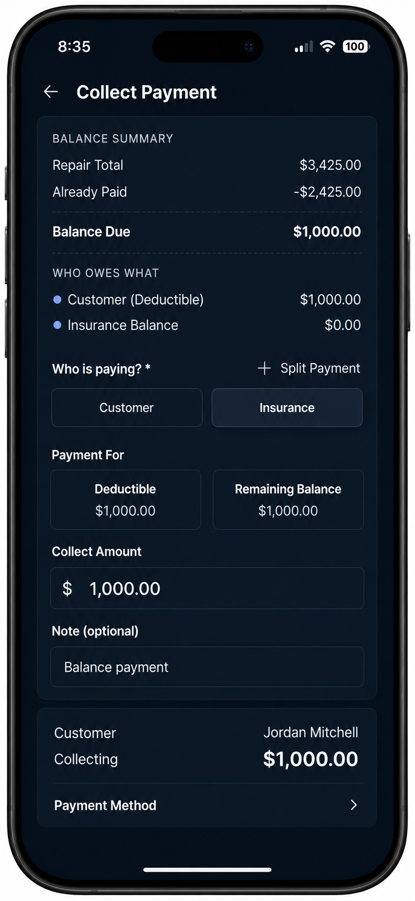 Dark mobile payment screen showing a $1,000 balance due from customer Jordan Mitchell.